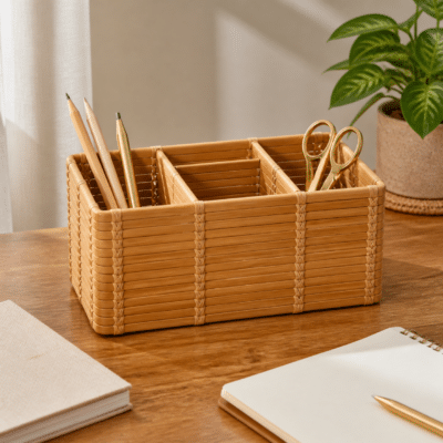 Bamboo Desk Organizer - lifestyle Bamboo Desk Organizer styled in a natural home setting
