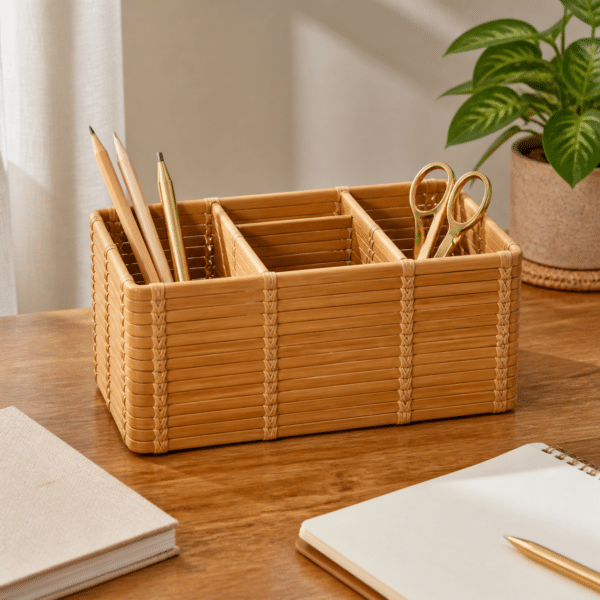Bamboo Desk Organizer - lifestyle Bamboo Desk Organizer styled in a natural home setting