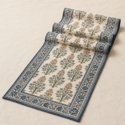Block-Printed Cotton Table Runner - detail Close-up detail of Block-Printed Cotton Table Runner showing its cotton textile with hand-block printed pattern