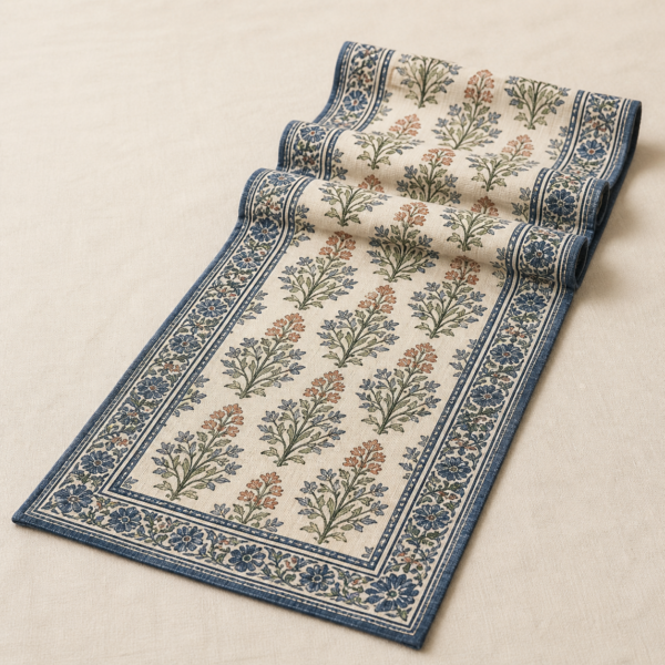 Block-Printed Cotton Table Runner - detail Close-up detail of Block-Printed Cotton Table Runner showing its cotton textile with hand-block printed pattern