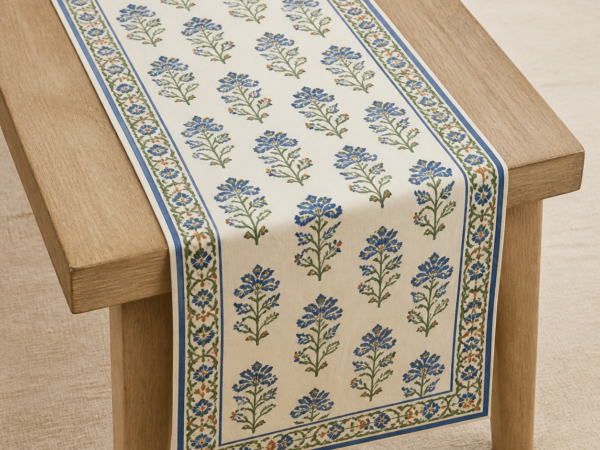 Block-Printed Cotton Table Runner on a warm neutral background