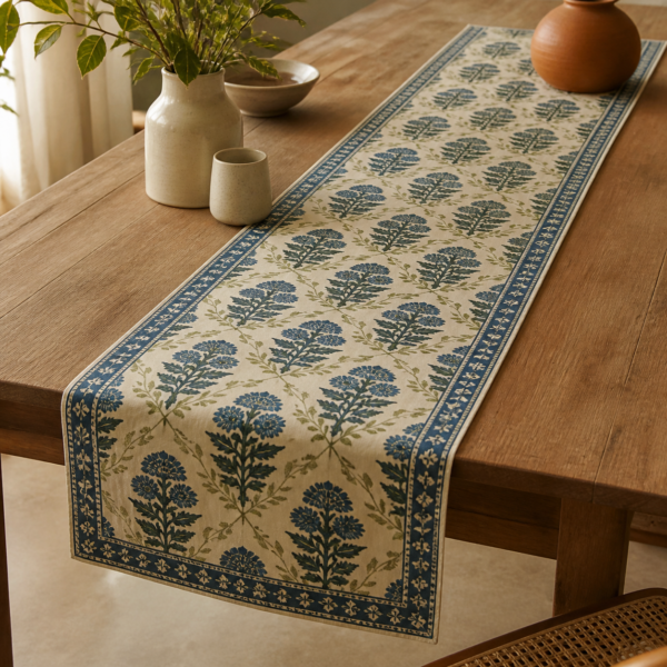 Block-Printed Cotton Table Runner - lifestyle Block-Printed Cotton Table Runner styled in a natural home setting