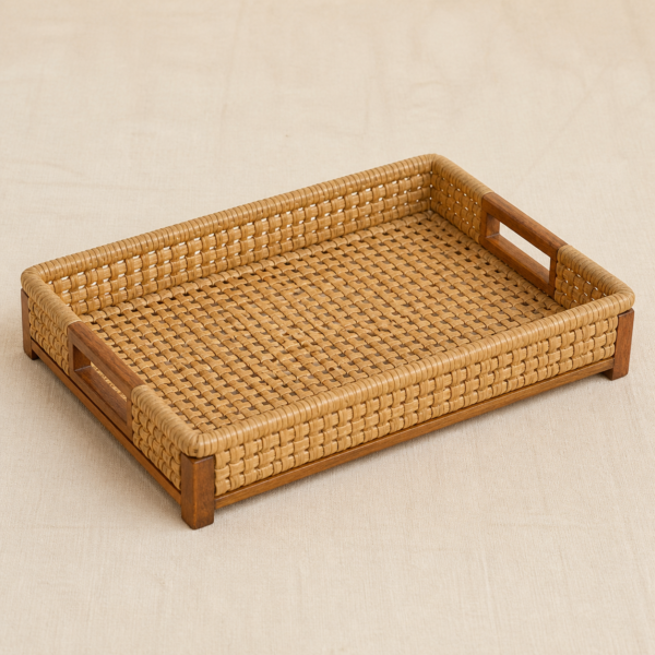 Cane Serving Tray - detail Close-up detail of Cane Serving Tray showing its woven cane with natural wood support frame