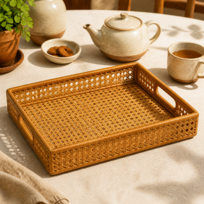 Cane Serving Tray - lifestyle Cane Serving Tray styled in a natural home setting