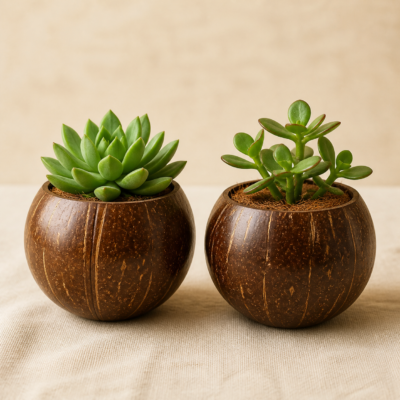 Coconut Shell Planter Pair - detail Close-up detail of Coconut Shell Planter Pair showing its polished coconut shell with natural fibre detail