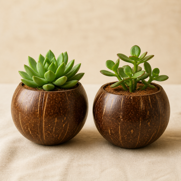 Coconut Shell Planter Pair - detail Close-up detail of Coconut Shell Planter Pair showing its polished coconut shell with natural fibre detail