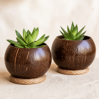 Coconut Shell Planter Pair - hero Coconut Shell Planter Pair on a warm neutral background