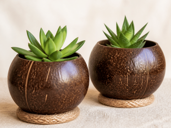 Coconut Shell Planter Pair - hero Coconut Shell Planter Pair on a warm neutral background