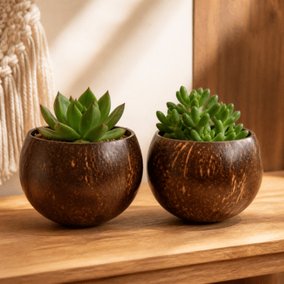 Coconut Shell Planter Pair - lifestyle Coconut Shell Planter Pair styled in a natural home setting