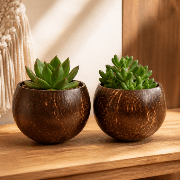 Coconut Shell Planter Pair - lifestyle Coconut Shell Planter Pair styled in a natural home setting