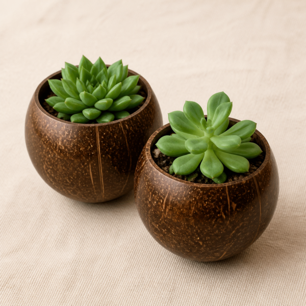 Coconut Shell Planter Pair - overhead Overhead view of Coconut Shell Planter Pair