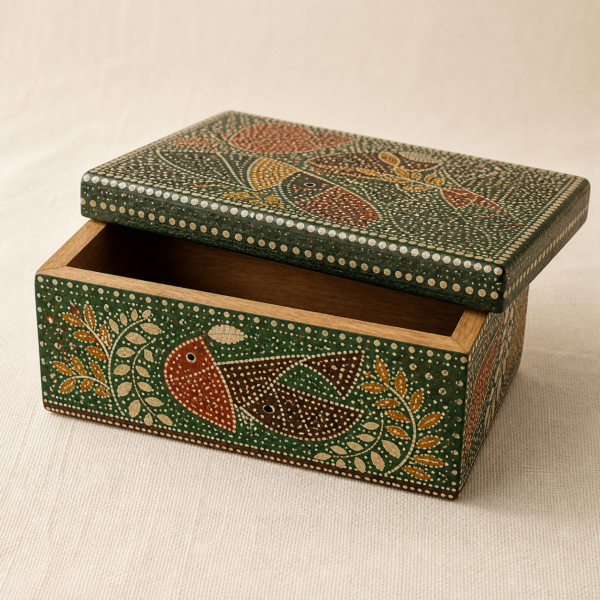 Gond-Inspired Painted Storage Box - detail Close-up detail of Gond-Inspired Painted Storage Box showing its wooden storage box with hand-painted folk-art pattern