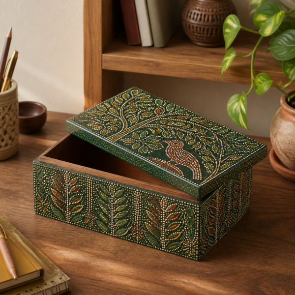 Gond-Inspired Painted Storage Box - lifestyle Gond-Inspired Painted Storage Box styled in a natural home setting