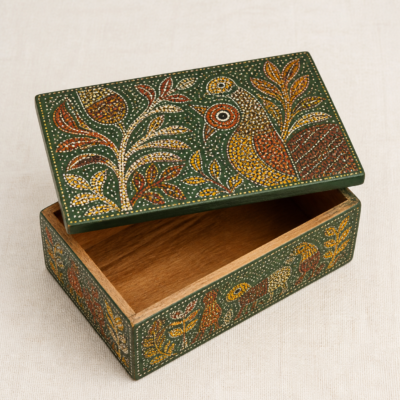 Gond-Inspired Painted Storage Box - overhead Overhead view of Gond-Inspired Painted Storage Box