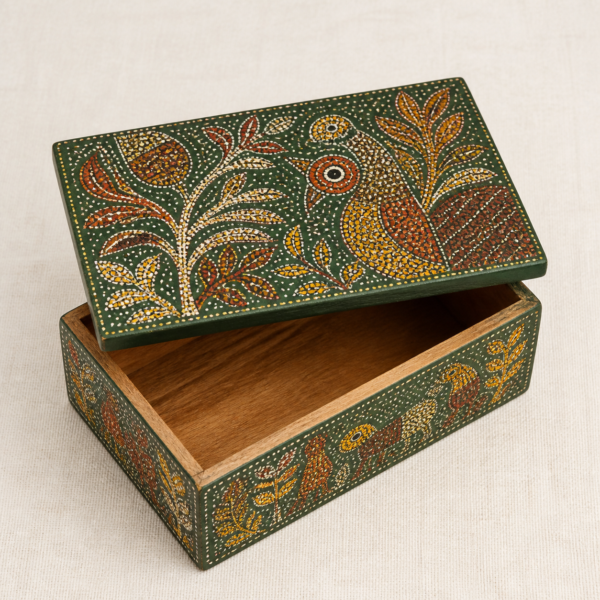 Gond-Inspired Painted Storage Box - overhead Overhead view of Gond-Inspired Painted Storage Box