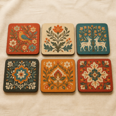 Close-up detail of Hand-Painted Folk Motif Coaster Set – Pack of 6 showing its wood with hand-painted folk motifs