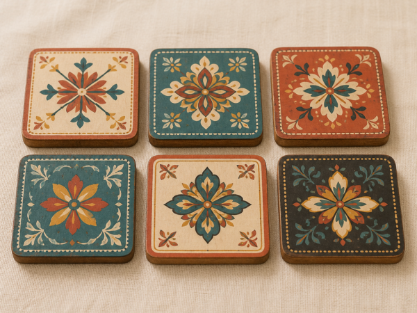 Hand-Painted Folk Motif Coaster Set – Pack of 6 - hero Hand-Painted Folk Motif Coaster Set – Pack of 6 on a warm neutral background