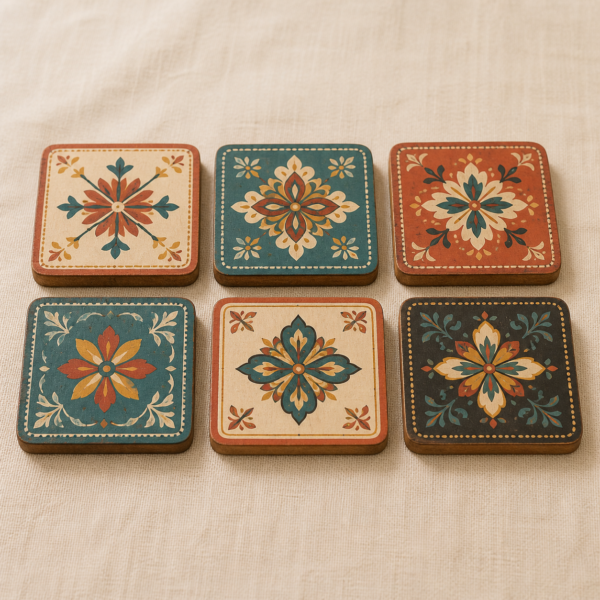 Hand-Painted Folk Motif Coaster Set – Pack of 6 on a warm neutral background
