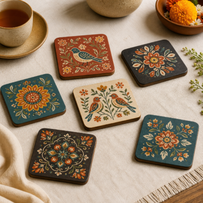 Hand-Painted Folk Motif Coaster Set – Pack of 6 styled in a natural home setting
