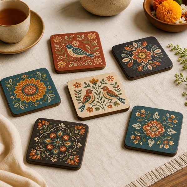 Hand-Painted Folk Motif Coaster Set – Pack of 6 styled in a natural home setting