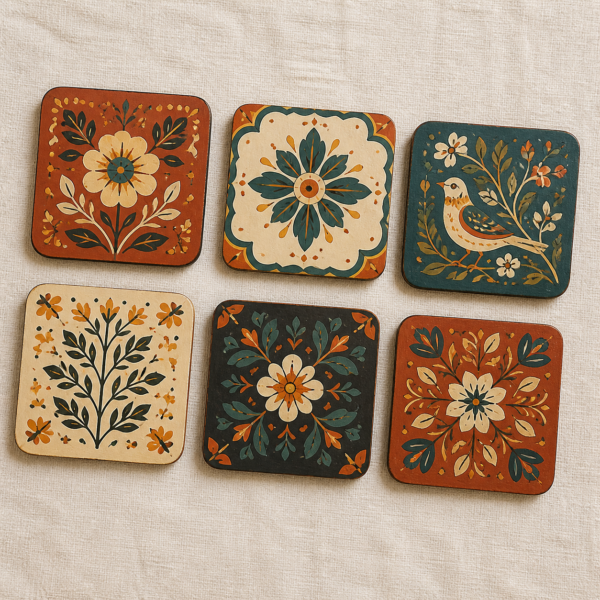 Overhead view of Hand-Painted Folk Motif Coaster Set – Pack of 6