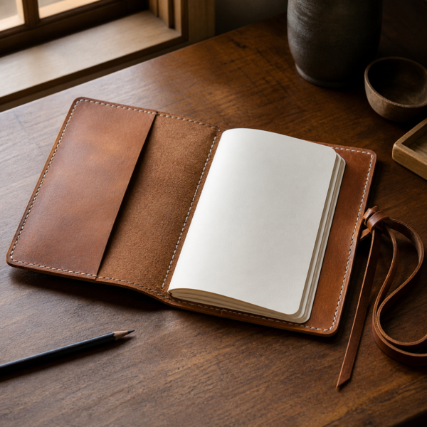 Hand-Stitched Leather Journal Cover styled in a natural home setting