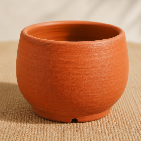 Close-up detail of Hand-thrown Terracotta Planter showing its natural terracotta clay