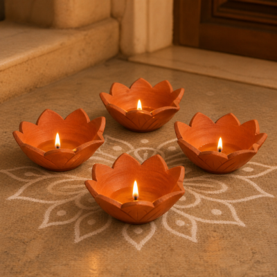 Four handcrafted terracotta lotus diyas glowing on a subtle rangoli design