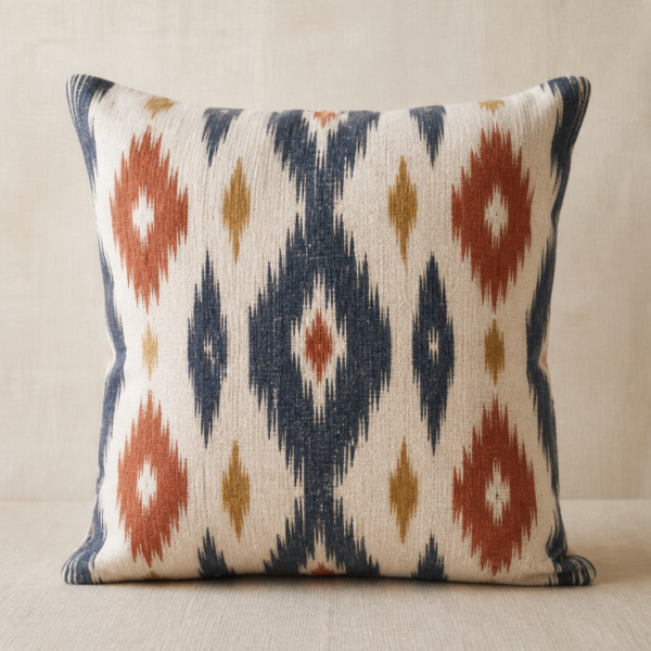 Handwoven Cotton Ikat-Pattern Cushion Cover - detail Close-up detail of Handwoven Cotton Ikat-Pattern Cushion Cover showing its handwoven cotton fabric