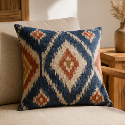 Handwoven Cotton Ikat-Pattern Cushion Cover - lifestyle Handwoven Cotton Ikat-Pattern Cushion Cover styled in a natural home setting