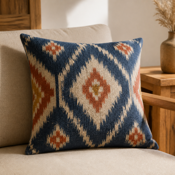 Handwoven Cotton Ikat-Pattern Cushion Cover - lifestyle Handwoven Cotton Ikat-Pattern Cushion Cover styled in a natural home setting