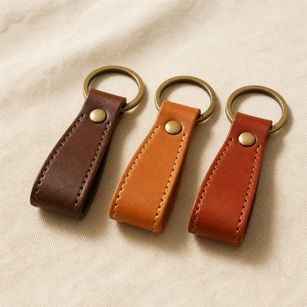 Leather Key Fob Set – Pack of 3 - detail Close-up detail of Leather Key Fob Set – Pack of 3 showing its leather with sturdy key rings