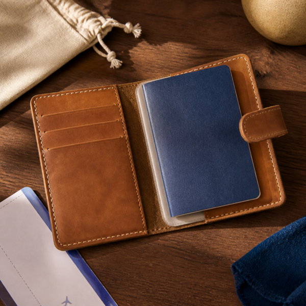 Leather Passport Wallet styled in a natural home setting