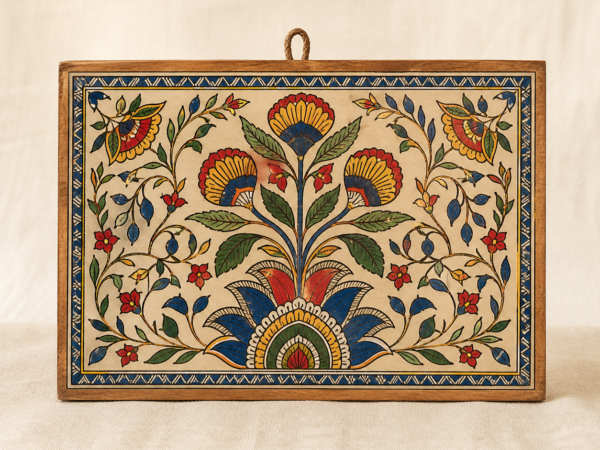 Madhubani-Inspired Hand-Painted Wooden Wall Panel - hero Madhubani-Inspired Hand-Painted Wooden Wall Panel on a warm neutral background