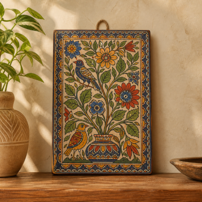 Madhubani-Inspired Hand-Painted Wooden Wall Panel - lifestyle Madhubani-Inspired Hand-Painted Wooden Wall Panel styled in a natural home setting