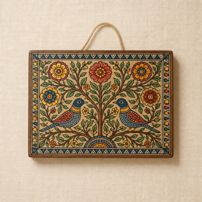 Madhubani-Inspired Hand-Painted Wooden Wall Panel - overhead Overhead view of Madhubani-Inspired Hand-Painted Wooden Wall Panel