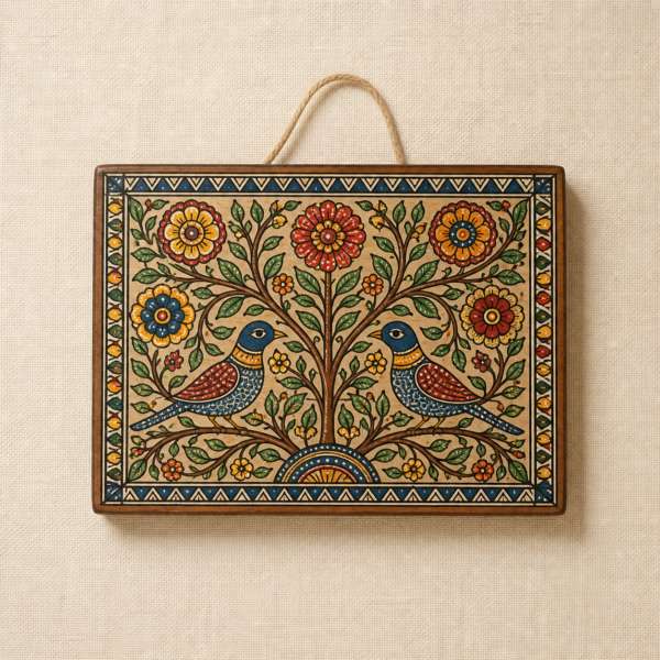Madhubani-Inspired Hand-Painted Wooden Wall Panel - overhead Overhead view of Madhubani-Inspired Hand-Painted Wooden Wall Panel