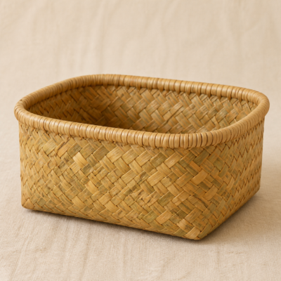 Palm-Leaf Storage Basket - detail Close-up detail of Palm-Leaf Storage Basket showing its dried palm leaf with natural fibre weave