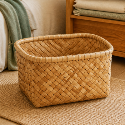 Palm-Leaf Storage Basket - lifestyle Palm-Leaf Storage Basket styled in a natural home setting