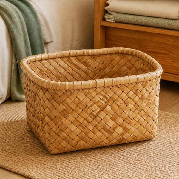 Palm-Leaf Storage Basket - lifestyle Palm-Leaf Storage Basket styled in a natural home setting