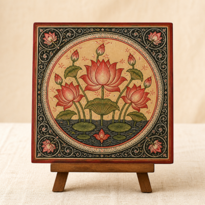 Pattachitra-Inspired Lotus Tabletop Panel - detail Close-up detail of Pattachitra-Inspired Lotus Tabletop Panel showing its wood panel with detailed hand-painted artwork