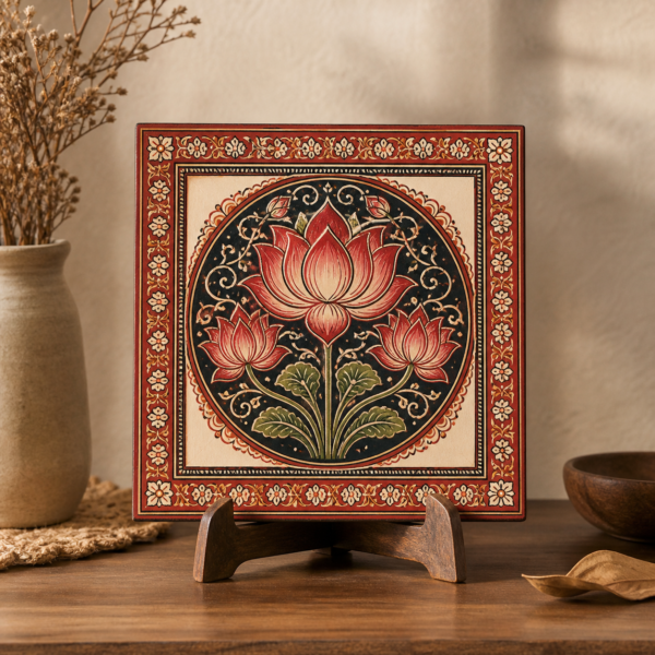 Pattachitra-Inspired Lotus Tabletop Panel - lifestyle Pattachitra-Inspired Lotus Tabletop Panel styled in a natural home setting
