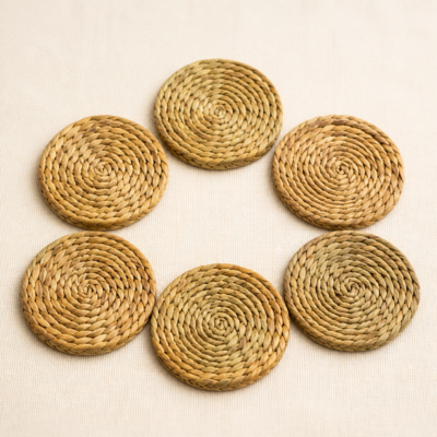 Close-up detail of Seagrass Coaster Set – Pack of 6 showing its braided natural seagrass