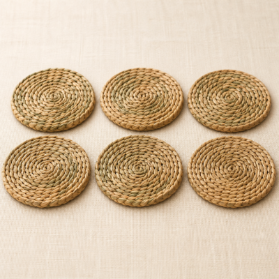 Seagrass Coaster Set – Pack of 6 on a warm neutral background