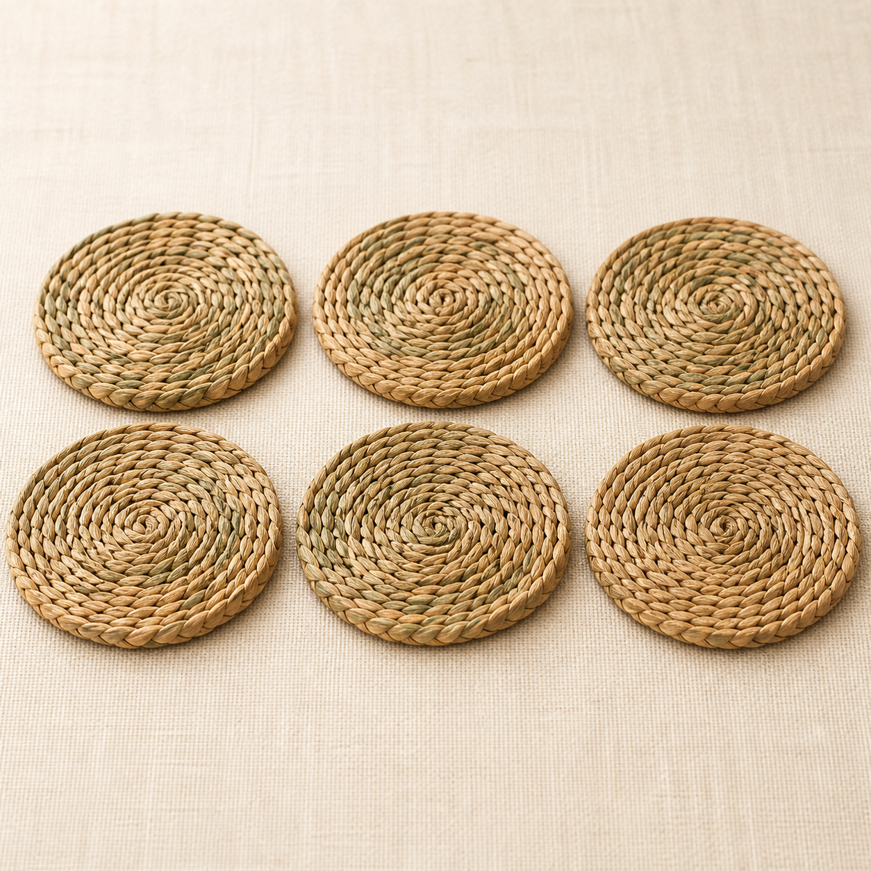 Seagrass Coaster Set – Pack of 6 on a warm neutral background