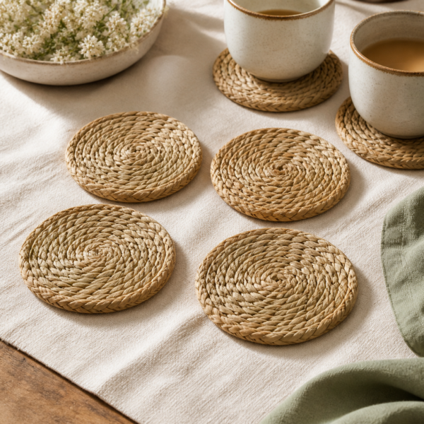 Seagrass Coaster Set – Pack of 6 styled in a natural home setting