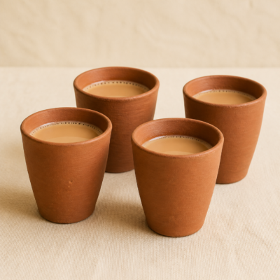 Terracotta Kulhad Tea Cup Set – Pack of 4 - detail Close-up detail of Terracotta Kulhad Tea Cup Set – Pack of 4 showing its natural terracotta clay