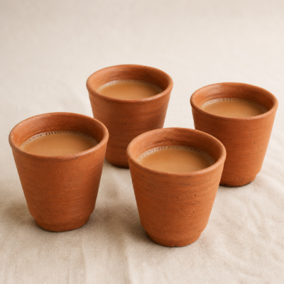 Terracotta Kulhad Tea Cup Set – Pack of 4 - hero Terracotta Kulhad Tea Cup Set – Pack of 4 on a warm neutral background