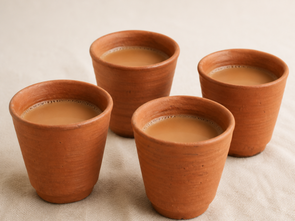 Terracotta Kulhad Tea Cup Set – Pack of 4 on a warm neutral background