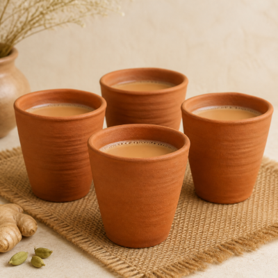 Terracotta Kulhad Tea Cup Set – Pack of 4 - lifestyle Terracotta Kulhad Tea Cup Set – Pack of 4 styled in a natural home setting